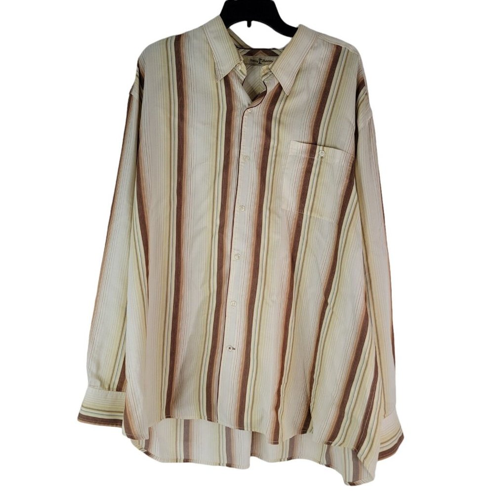 Tommy Bahama Brown Striped Button Up Shirt‎ Cotton Silk Blend Long Sleeve XXL